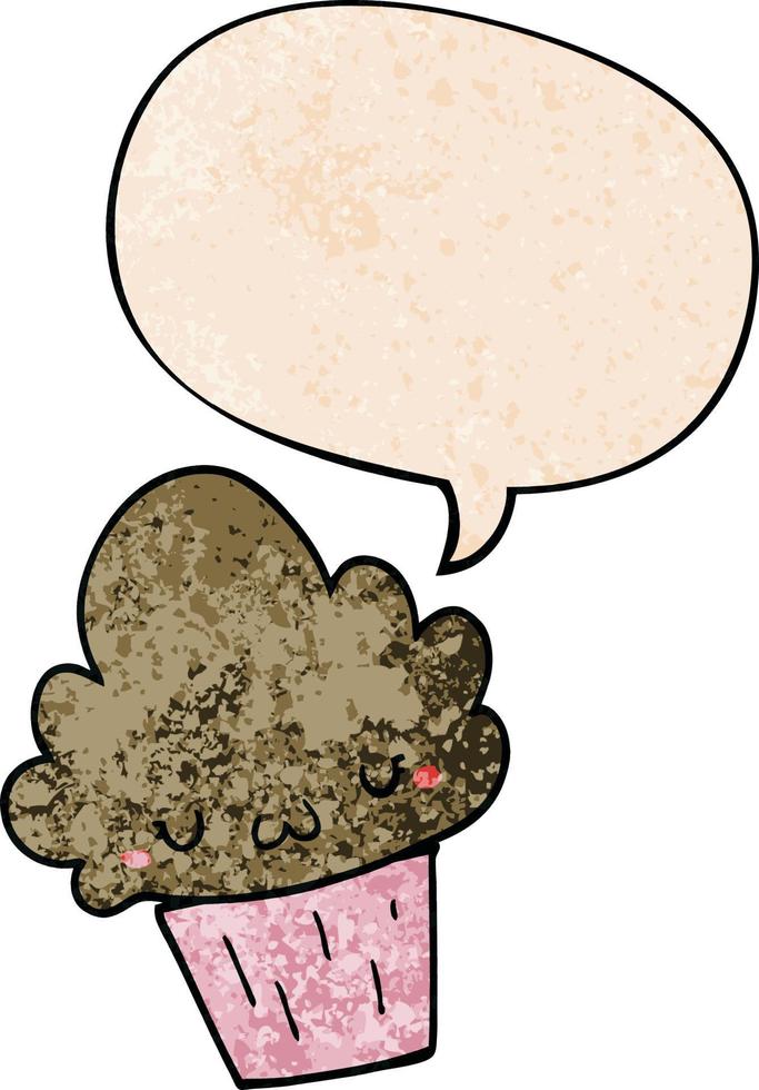 cartoon cupcake and face and speech bubble in retro texture style vector