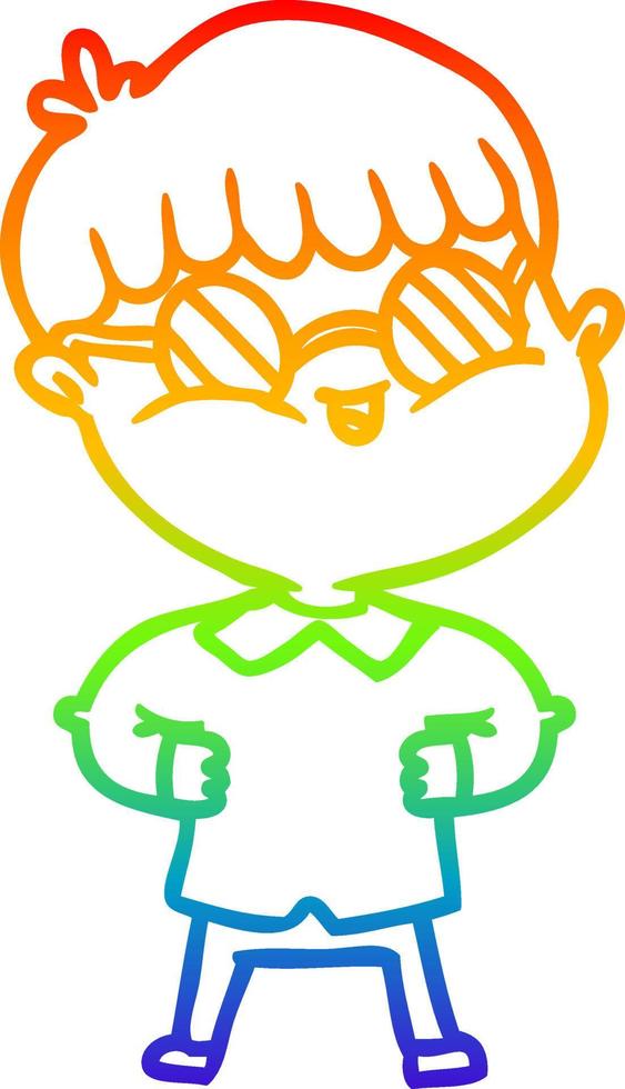 rainbow gradient line drawing cartoon boy wearing spectacles vector