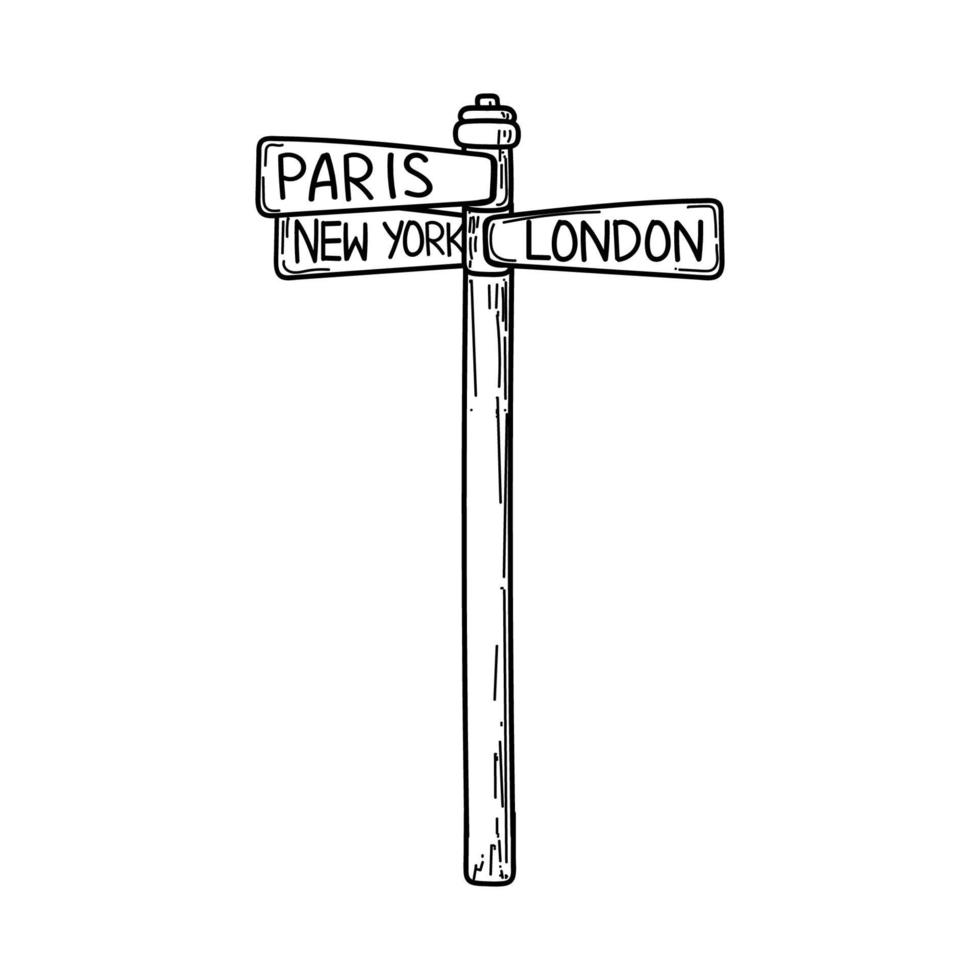 A road sign for the city. Hand-drawn doodle-style element. Tourism. Paris, London, New York. Signpost which way is the city. Vector simple image on white background