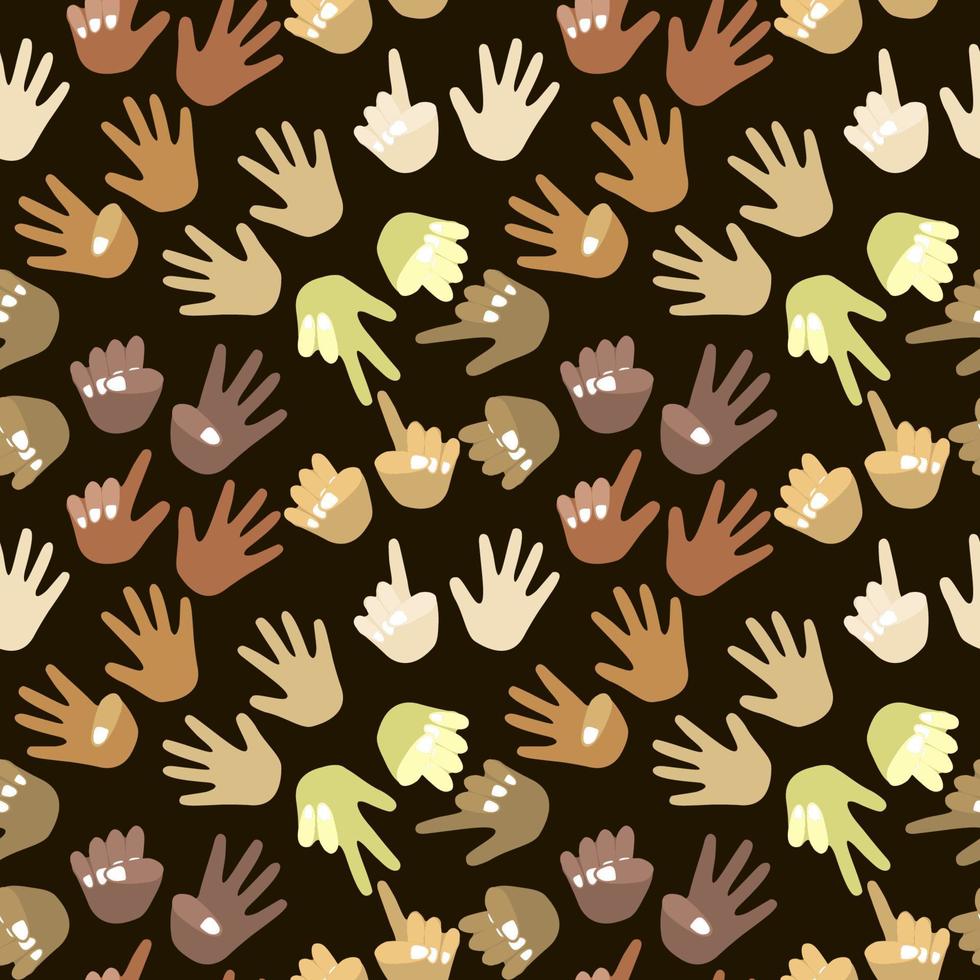 Seamless pattern of palms of different races, different colors. For mental math school, math course, creative children. Finger counting. Math. Modern design, illustration of the unity of all people vector