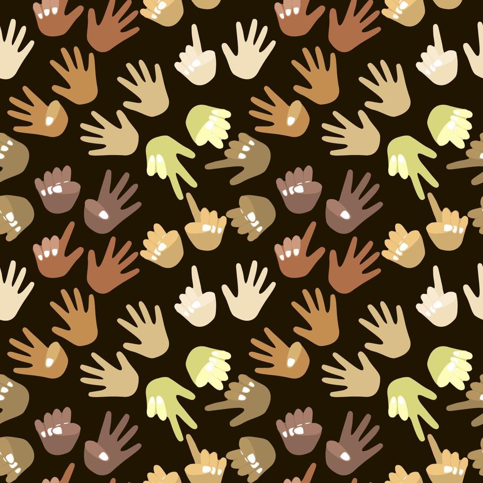 Seamless pattern of palms of different races, different colors. For mental math school, math course, creative children. Finger counting. Math. Modern design, illustration of the unity of all people vector