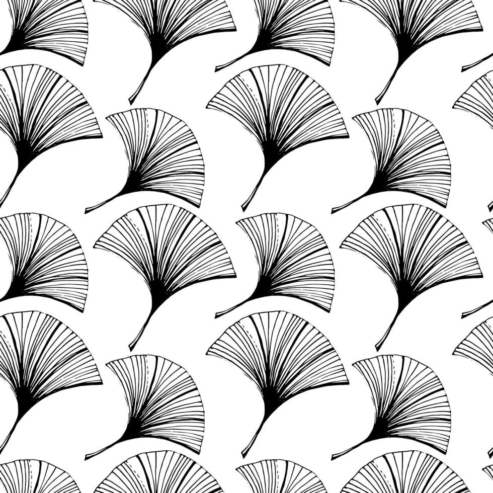 un patrón de hoja de ginkgo dibujado a mano sin costuras en estilo boceto. hojas en diferentes ángulos sobre un fondo blanco. forma de hoja en forma de pata de pato. fondo de encaje místico vector