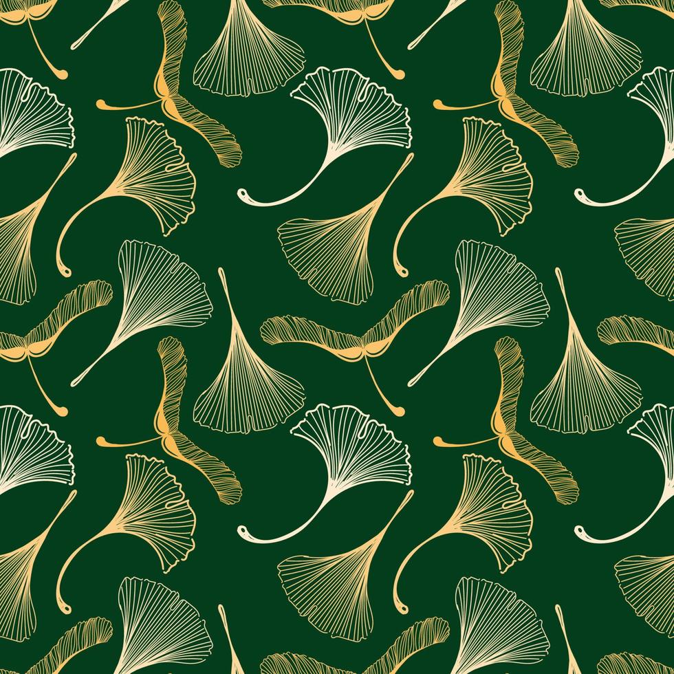 un patrón de ginkgo y hoja de arce sin fisuras en estilo boceto. hojas de naranja sobre un fondo verde oscuro. hojas en forma de pata de pato. otoño. esqueletos místicos de hojas vector