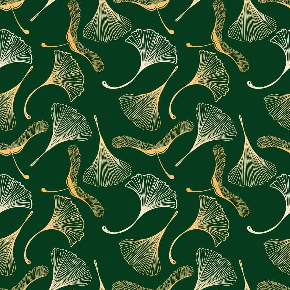 A seamless ginkgo and maple leaf pattern in sketch style. Orange leaves on a dark green background. Leaves in the shape of a duck's foot. Autumn. Mystical skeletons of leaves vector