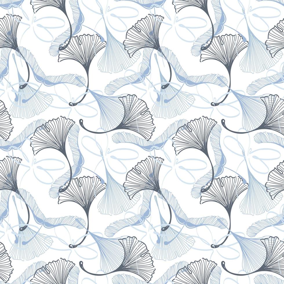 A seamless pattern of ginkgo, maple, and dragonfly leaves in a sketch style. Silhouettes of leaves and insect on white background. Pastel palette. Leaves in the shape of a duck's foot. Autumn. Mystica vector