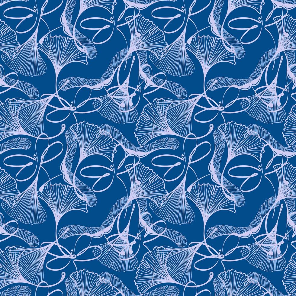 A seamless pattern of ginkgo, maple, and dragonfly leaves in sketch style. Leaf and insect silhouettes on blue background. Pastel palette. Leaves in the shape of a duck's foot. Autumn. Mystique. vector