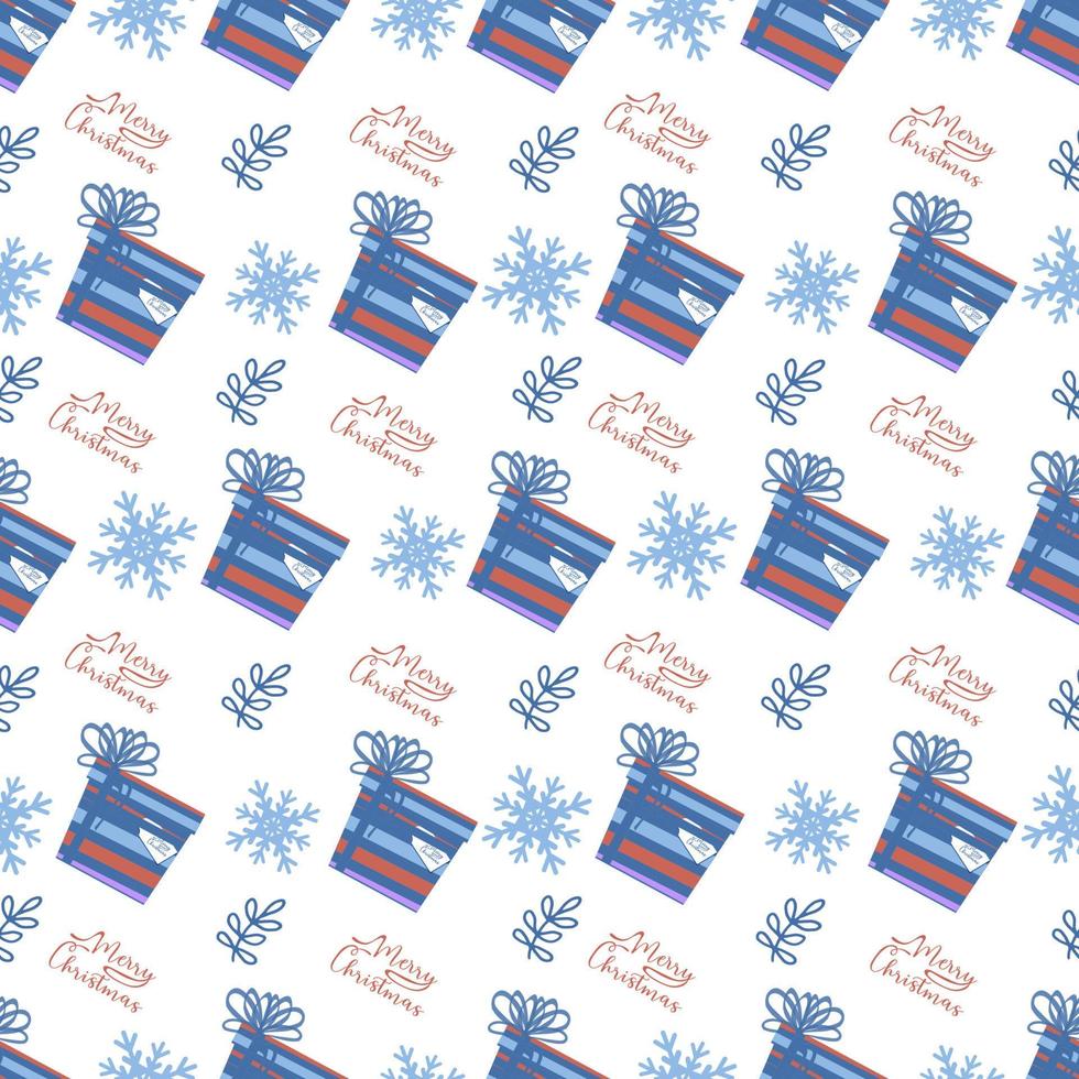 A seamless pattern of holiday gifts, snowflakes, and hand-drawn lettering. Hand-drawn doodle elements in a flat style. Christmas and New Year's Eve. Winter. Holiday Wrapping vector