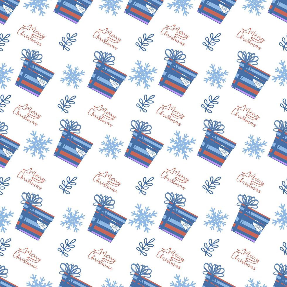 A seamless pattern of holiday gifts, snowflakes, and hand-drawn lettering. Hand-drawn doodle elements in a flat style. Christmas and New Year's Eve. Winter. Holiday Wrapping vector