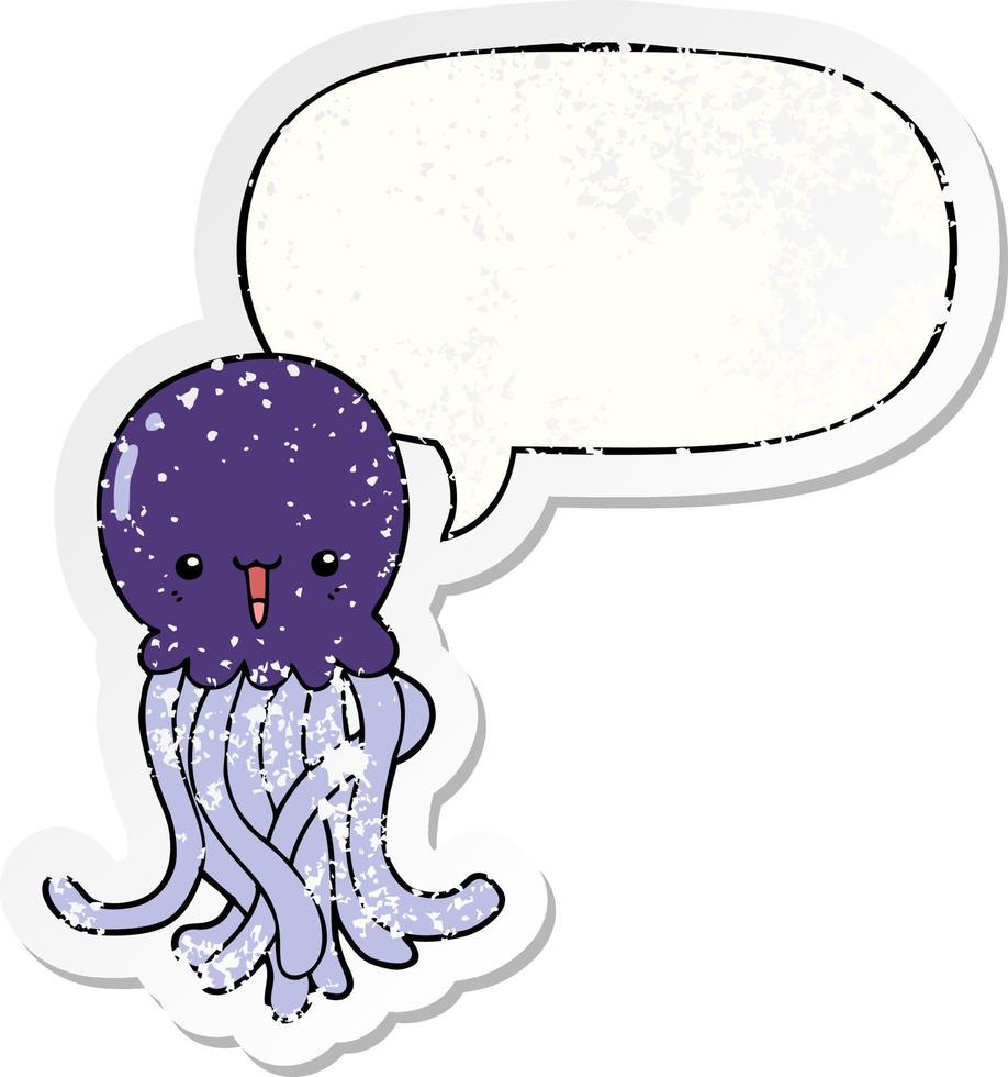 cartoon jellyfish and speech bubble distressed sticker vector