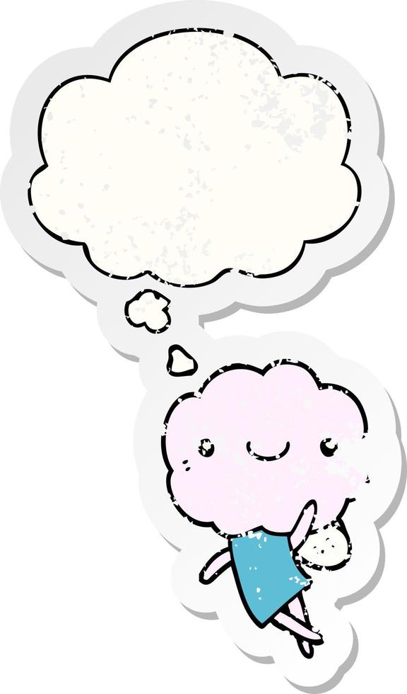 cute cloud head creature and thought bubble as a distressed worn sticker vector