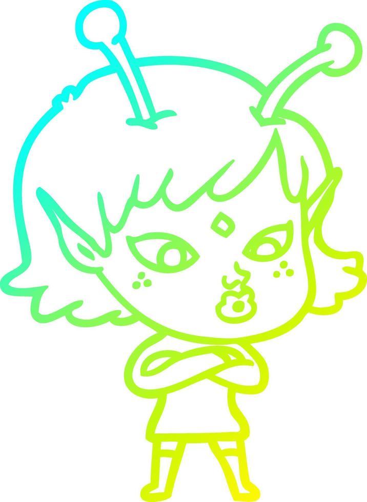 cold gradient line drawing pretty cartoon alien girl vector