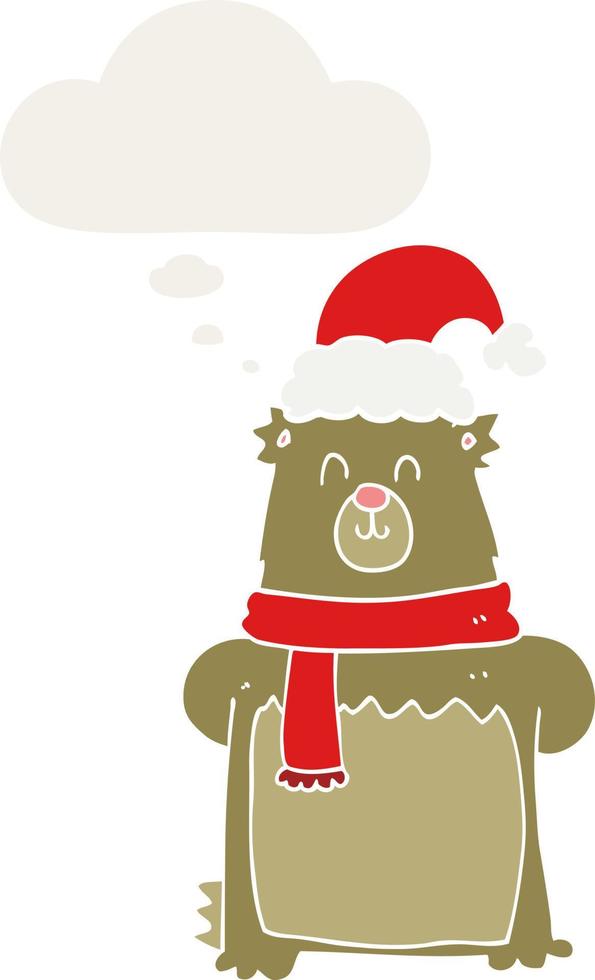 oso de dibujos animados con sombrero de navidad y burbuja de pensamiento en estilo retro vector