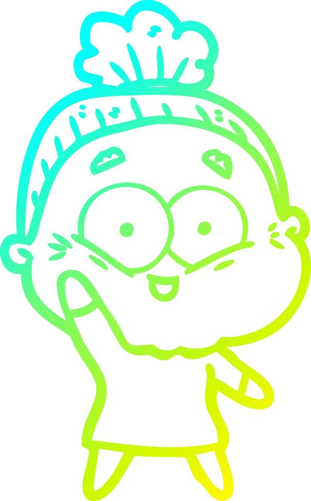 cold gradient line drawing cartoon happy old woman vector