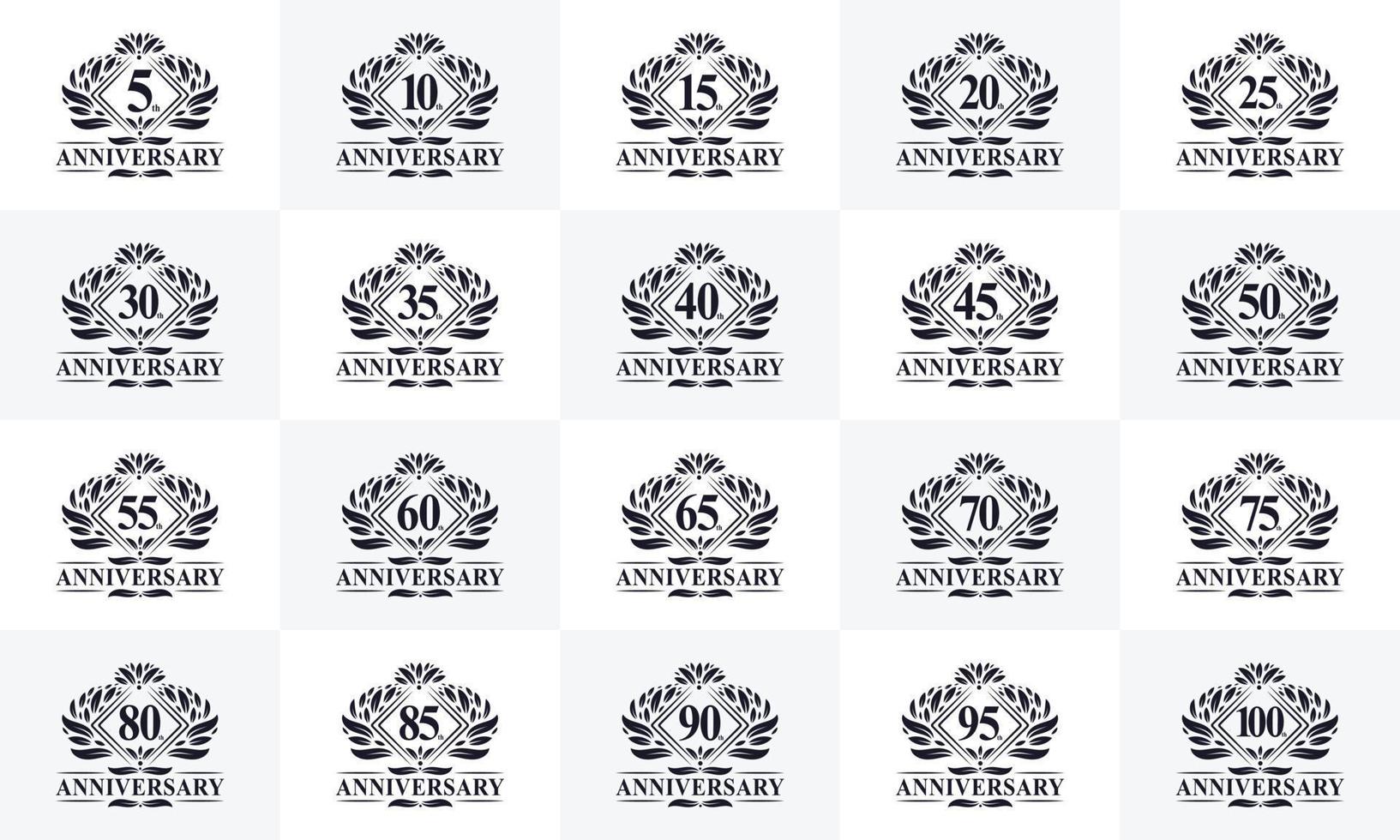 Paquete de logotipos de feliz aniversario. conjunto de logotipo de aniversario retro vintage. 5, 10, 15, 20, 25, 30, 35, 40, 45, 50, 55, 60, 90, 95, paquete de logotipos de celebración del 100 aniversario. vector