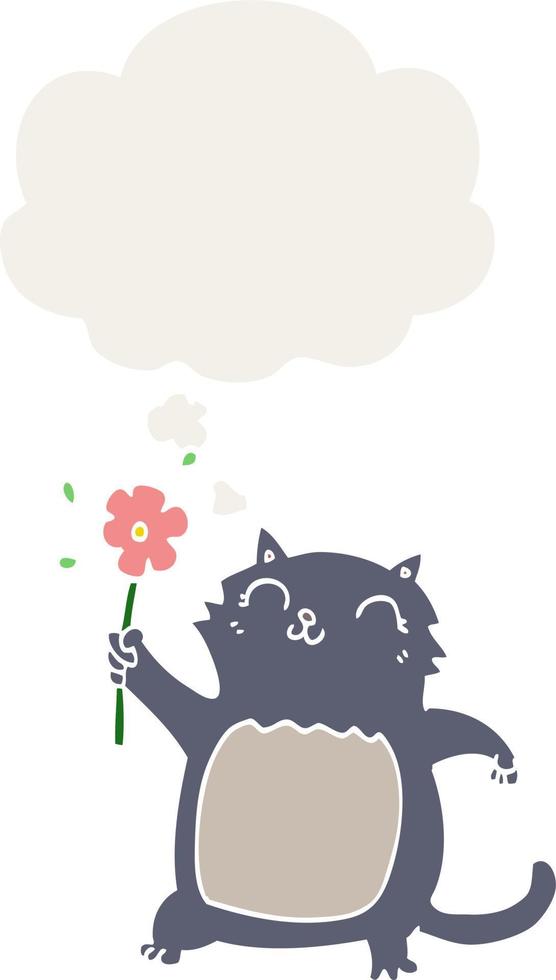 gato de dibujos animados con flor y burbuja de pensamiento en estilo retro vector