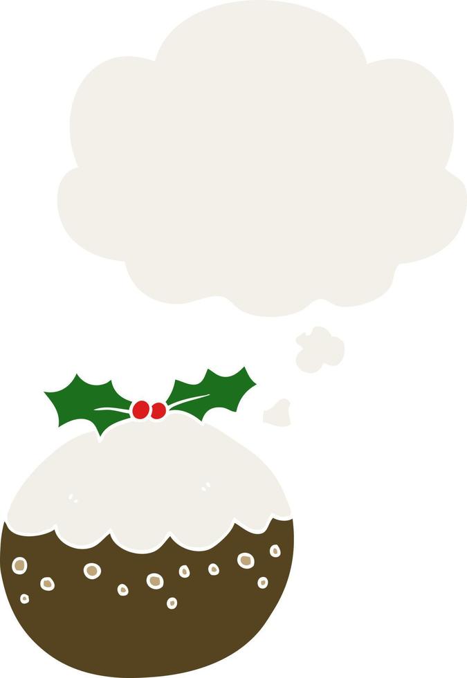 cartoon christmas pudding and thought bubble in retro style vector