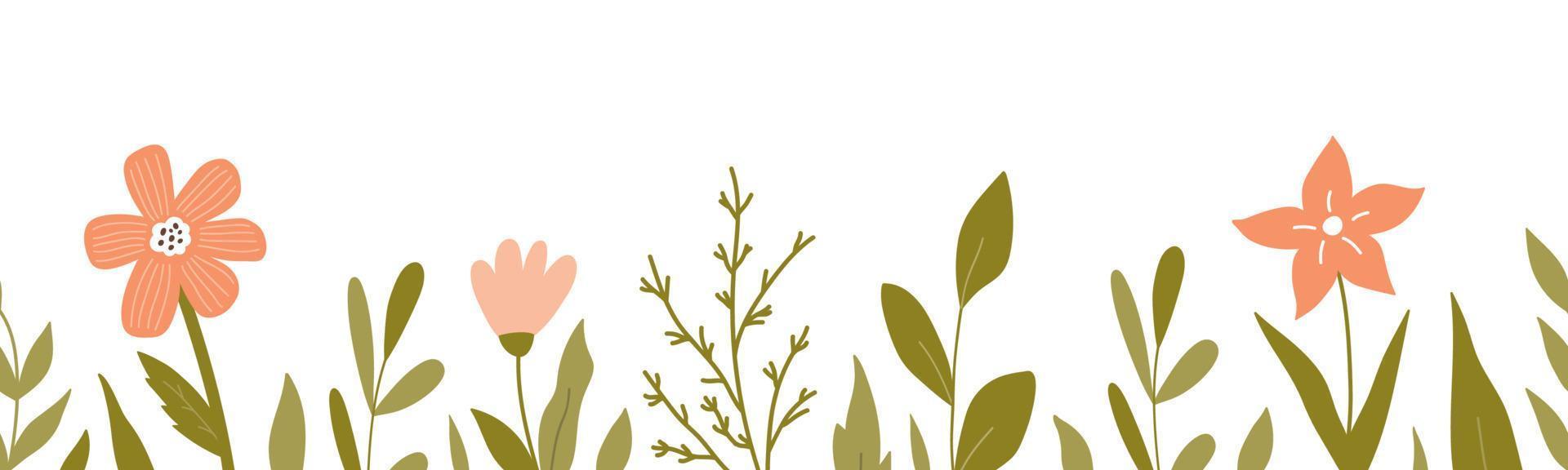 Seamless horizontal border with cute flowers and leaves. Botanical background. Perfect for decorations, greeting cards, banner designs. Vector illustration in hand-drawn flat style.