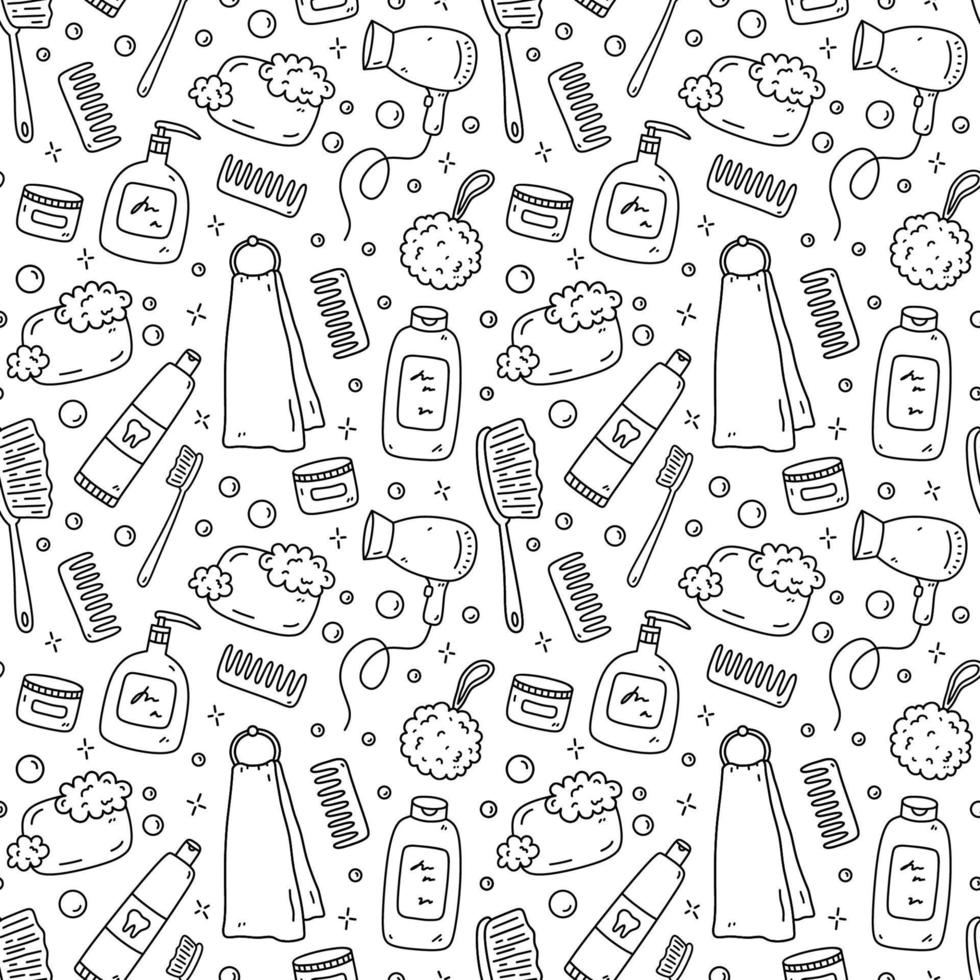 Seamless pattern with bath accessories - hair dryer, scrubbing brush, loofah, soap, cream, towel, toothbrush.Vector hand-drawn illustration in doodle style.Perfect for print, wrapping paper, wallpaper vector