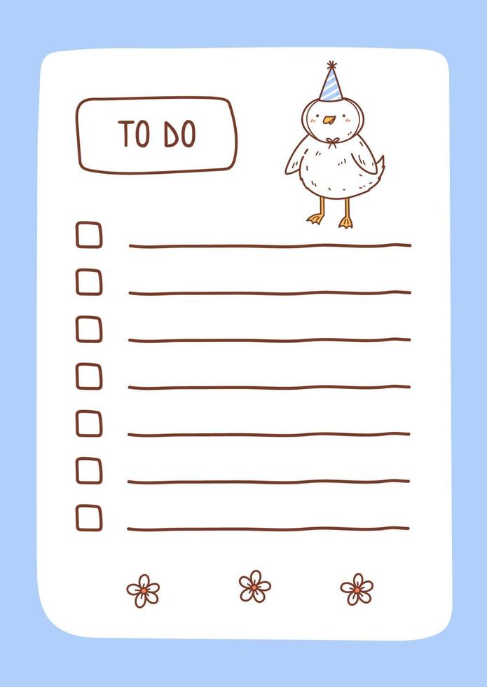 To do list template decorated by kawaii goose. Cute design of schedule, daily planner or checklist. Vector hand-drawn illustration. Perfect for planning, notes and self-organization.