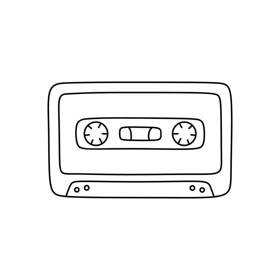 cinta de casete retro aislada sobre fondo blanco. ilustración vectorial dibujada a mano en estilo garabato. casete de audio compacto, mixtape analógico. perfecto para decoraciones, logo, varios diseños. vector