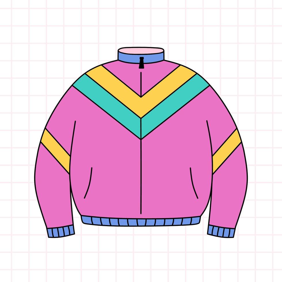 Retro sport jacket in the style of the 90s. Old-school clothes. Vector hand-drawn doodle illustration isolated on white background.  Nostalgia for the 1990s. Perfect for cards, decorations, logo