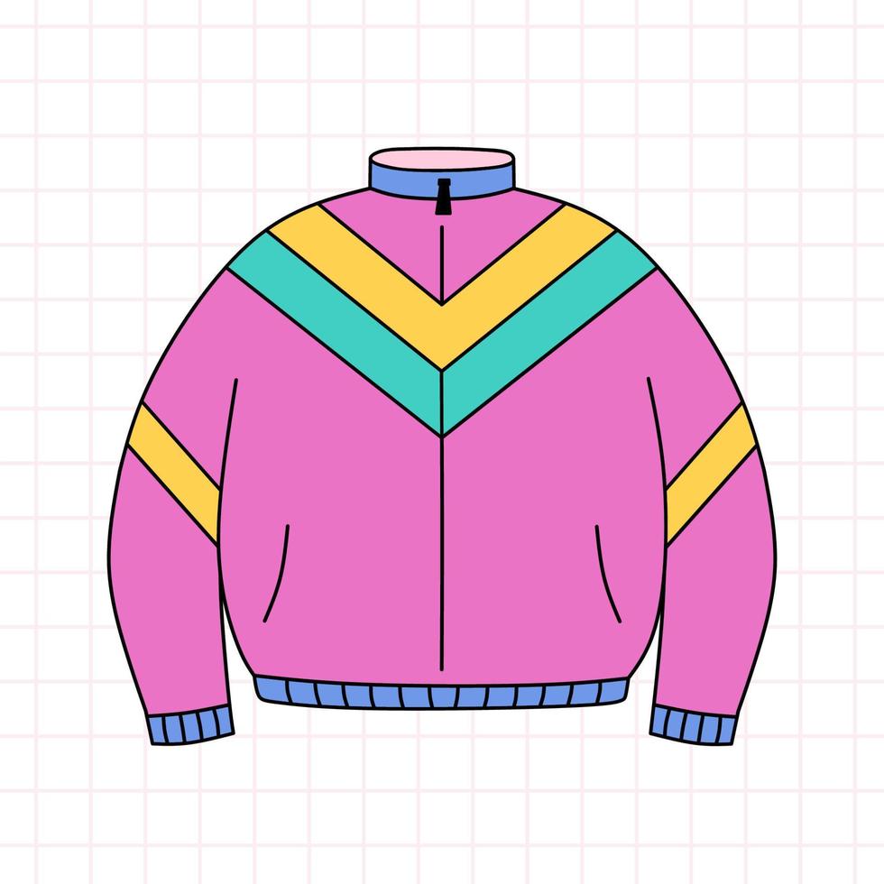 Retro sport jacket in the style of the 90s. Old-school clothes. Vector hand-drawn doodle illustration isolated on white background.  Nostalgia for the 1990s. Perfect for cards, decorations, logo