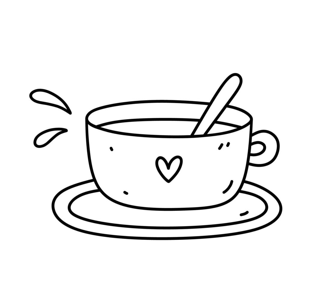 Cute cup of coffee on a saucer isolated on white background. Vector hand-drawn illustration in doodle style. Perfect for cards, menu, logo, decorations. various designs.