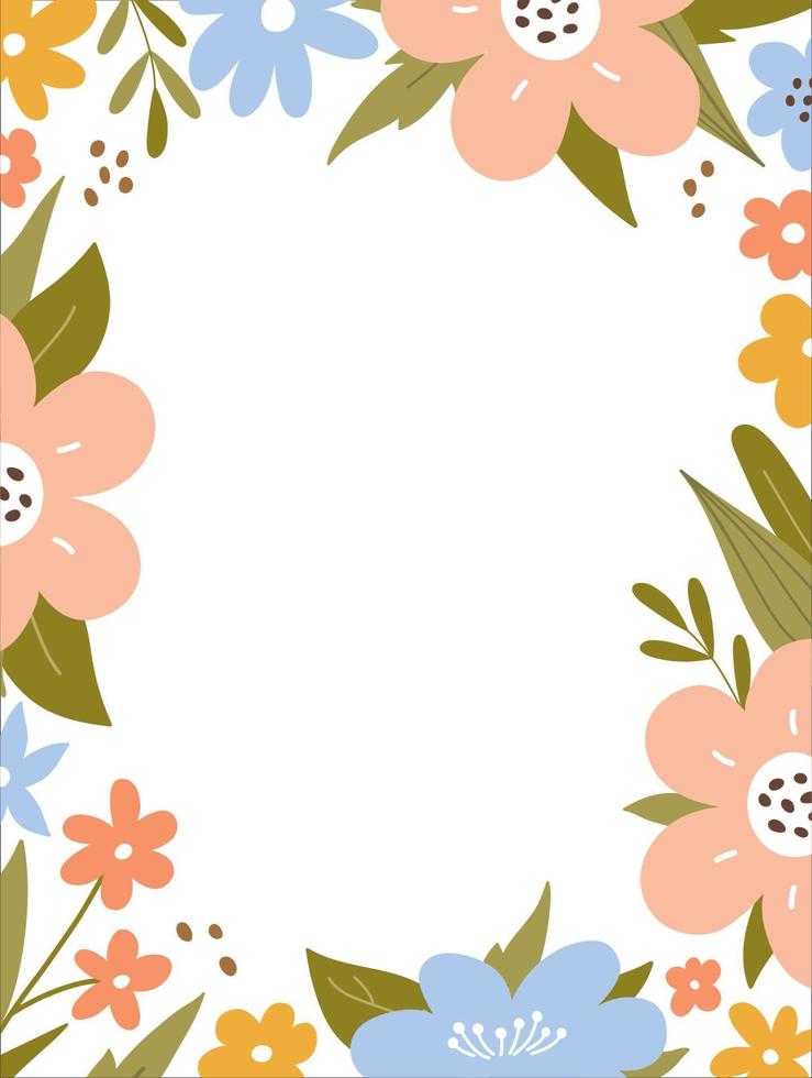 Frame with cute flowers and leaves. Botanical background. Perfect for decorations, greeting cards, invitations. Vector illustration in hand-drawn flat style.Vertical card template with space for text