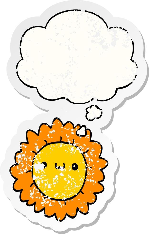 cartoon flower and thought bubble as a distressed worn sticker vector