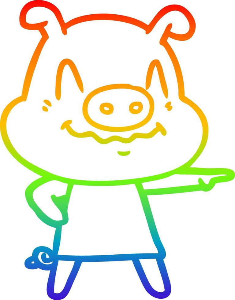 rainbow gradient line drawing nervous cartoon pig wearing dress vector