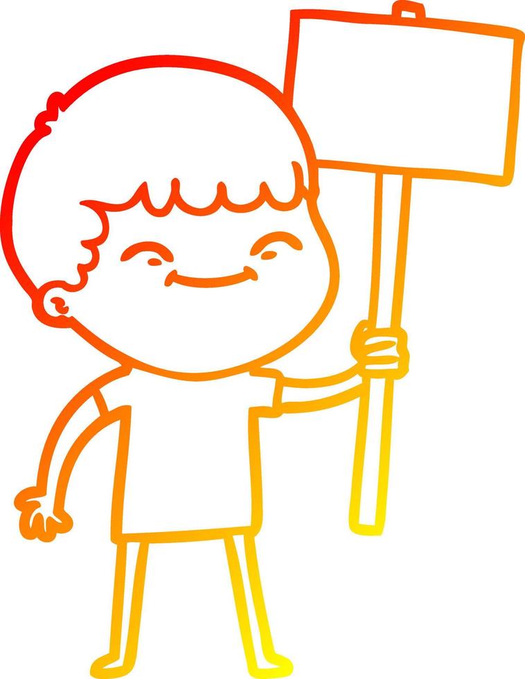 warm gradient line drawing cartoon smiling boy with placard vector