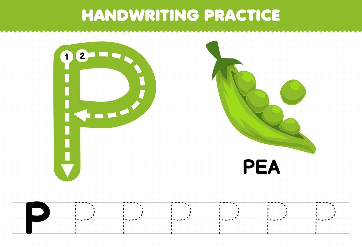 juego educativo para niños práctica de escritura a mano con letras mayúsculas p para hoja de trabajo imprimible de guisantes vector