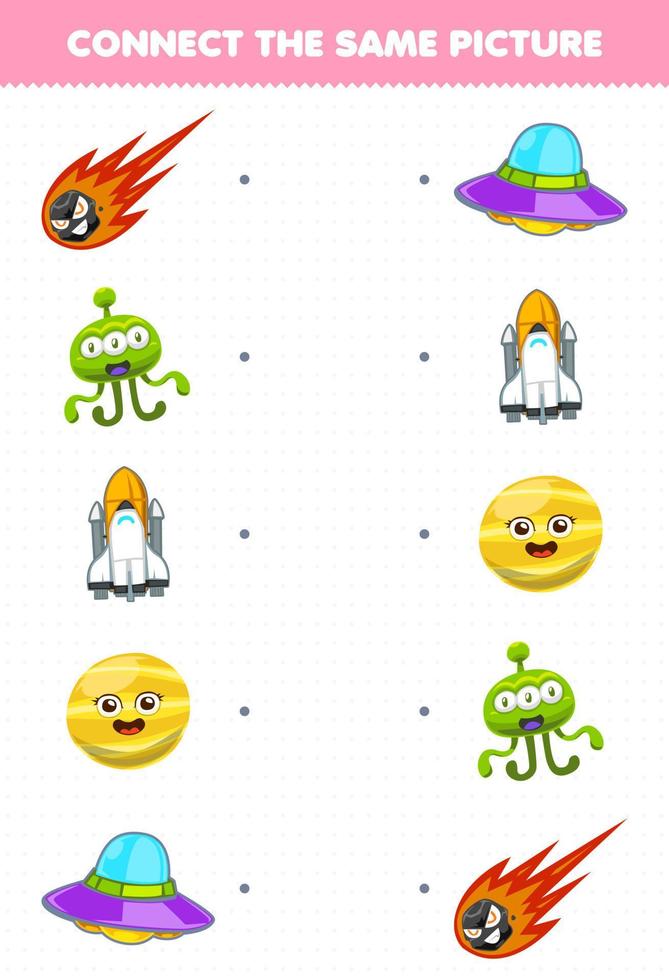 Education game for children connect the same picture of cute cartoon solar system comet alien spaceship venus planet ufo printable worksheet vector