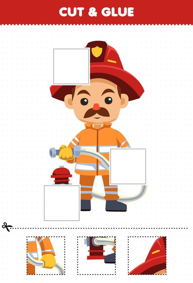 Education game for children cut and glue cut parts of cute cartoon firefighter profession and glue them printable worksheet vector