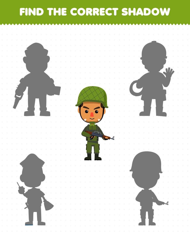 Education game for children find the correct shadow set of cute cartoon profession soldier printable worksheet vector