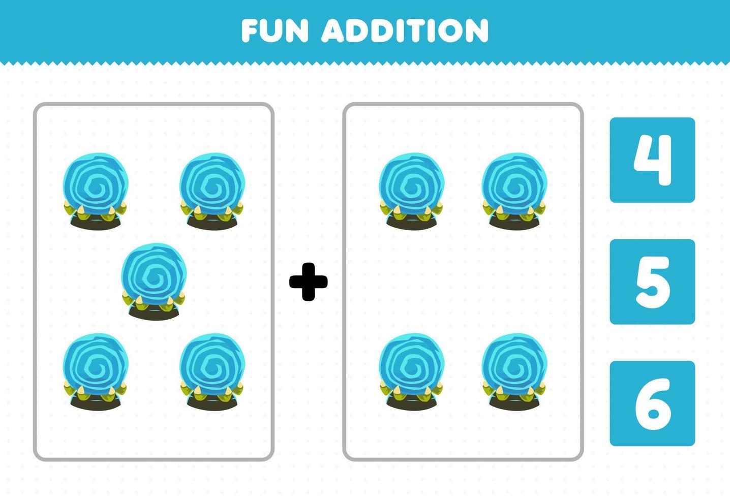 Education game for children fun addition by count and choose the correct answer of cute cartoon blue magic orb halloween printable worksheet vector