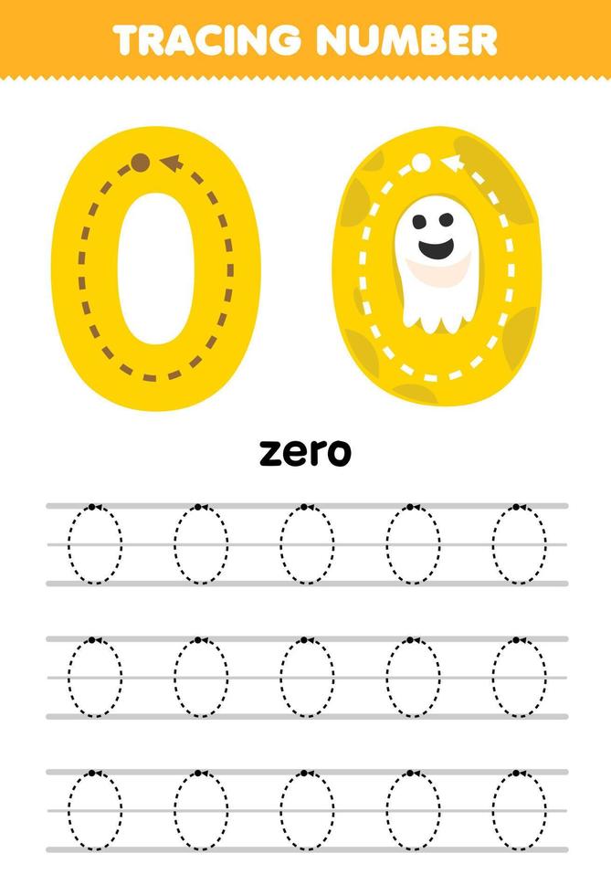 Education game for children tracing number zero with halloween theme yellow moon printable worksheet vector