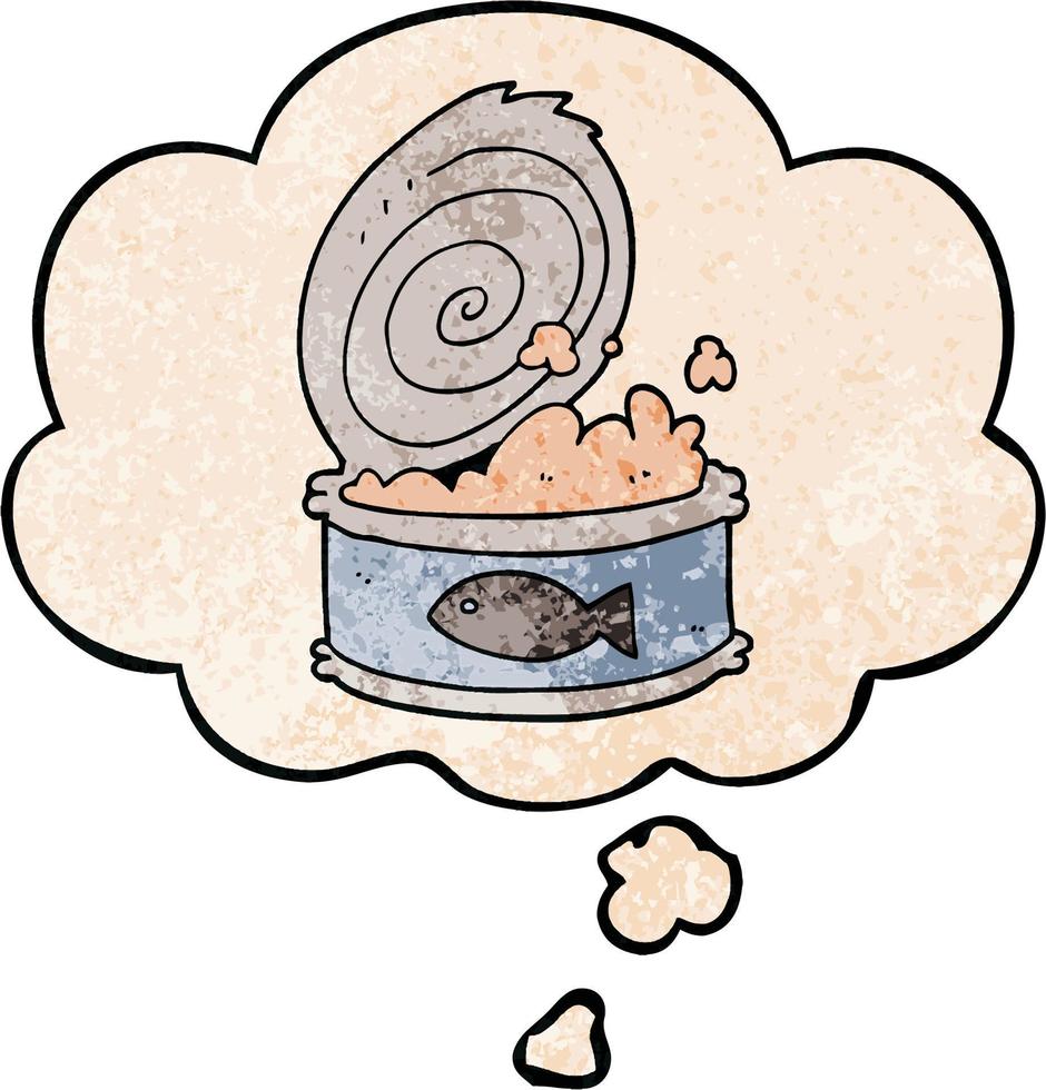 cartoon canned food and thought bubble in grunge texture pattern style vector