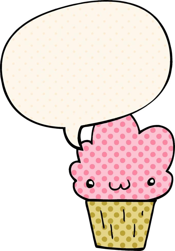 cartoon cupcake and face and speech bubble in comic book style vector