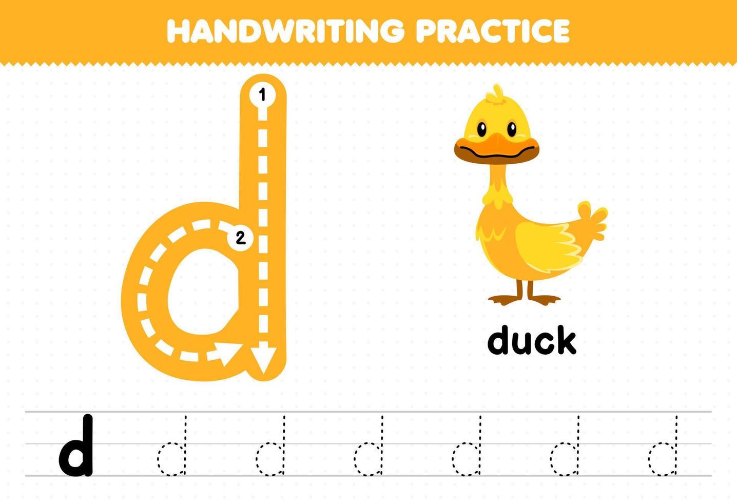 Education game for children handwriting practice with lowercase letters d for duck printable worksheet vector