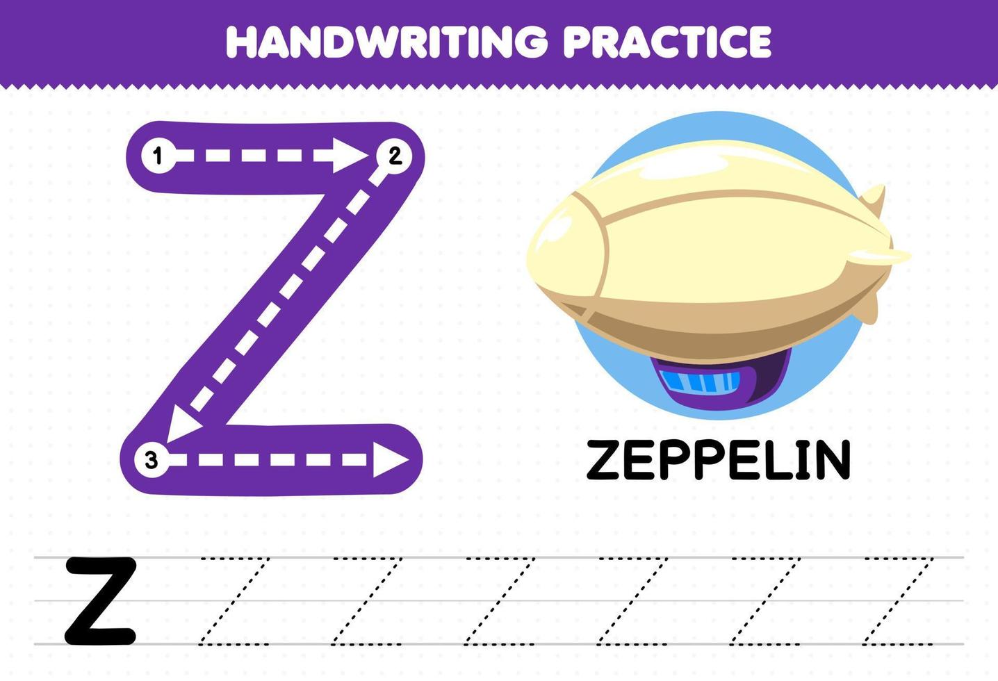 Education game for children handwriting practice with uppercase letters Z for zeppelin printable worksheet vector