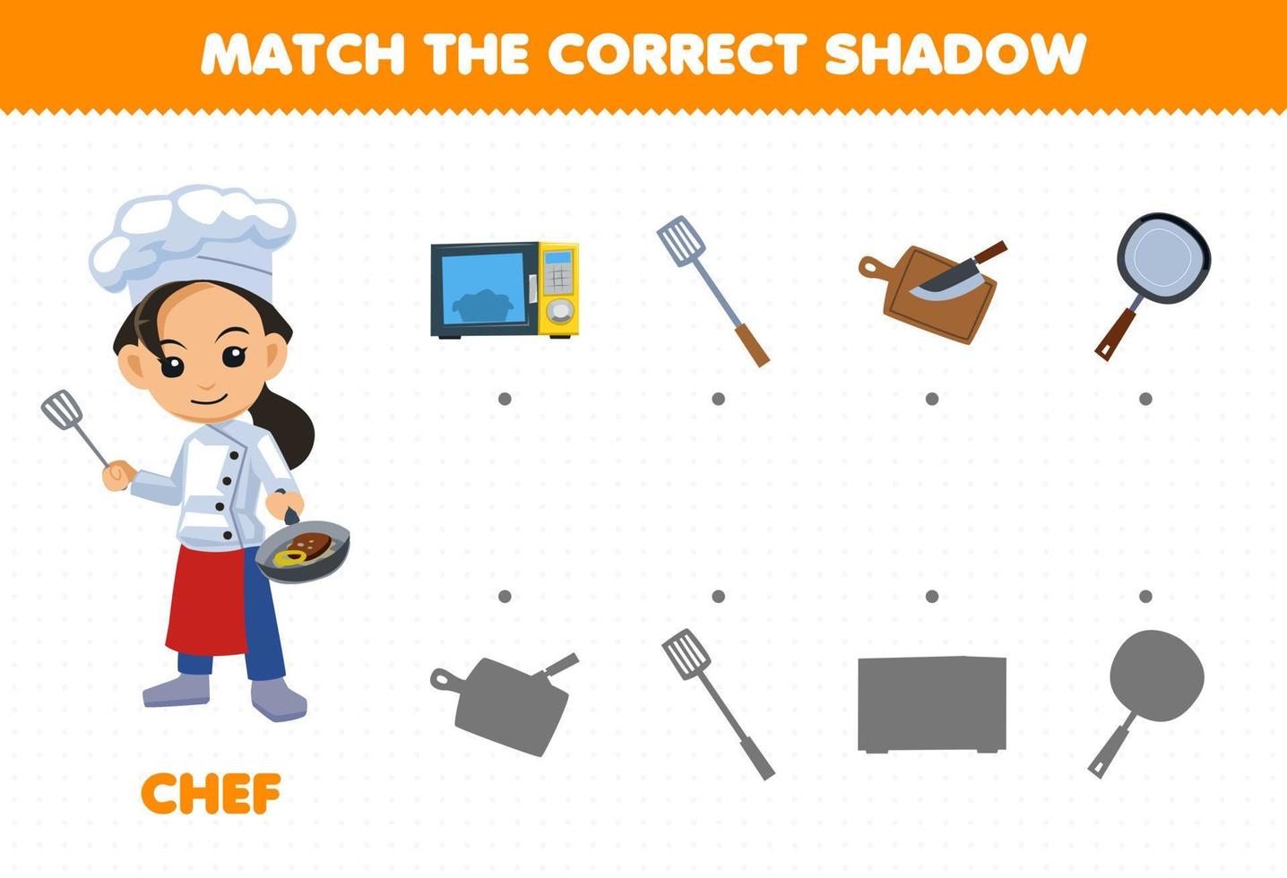 Education games for children match the correct shadow of set profession stuff for cute cartoon chef printable worksheet vector