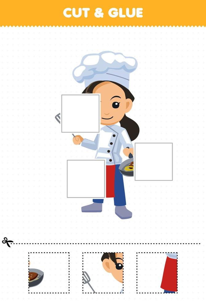 Education game for children cut and glue cut parts of cute cartoon chef profession and glue them printable worksheet vector