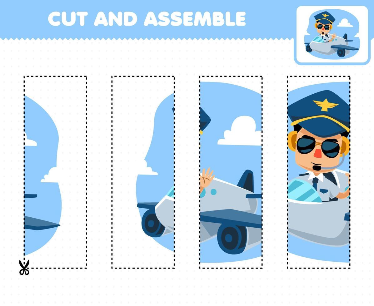 Education game for children cutting practice and assemble puzzle with cute cartoon pilot profession printable worksheet vector