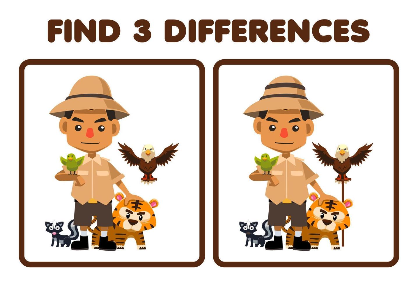 Education game for children find three differences between two cute cartoon zookeeper profession printable worksheet vector