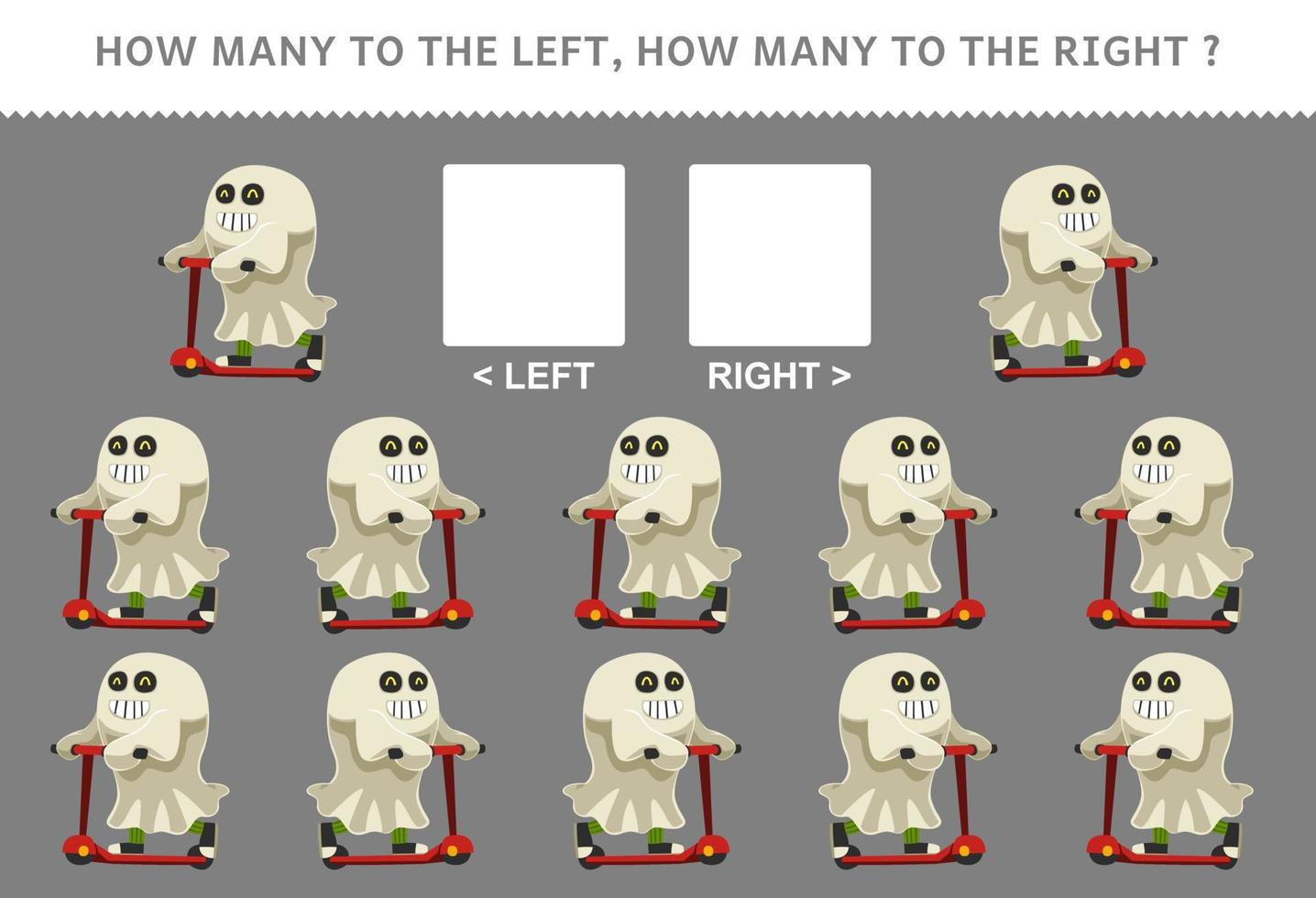 juego educativo para niños de contar la imagen izquierda y derecha de la hoja de trabajo imprimible de halloween de disfraz de fantasma de dibujos animados lindo vector
