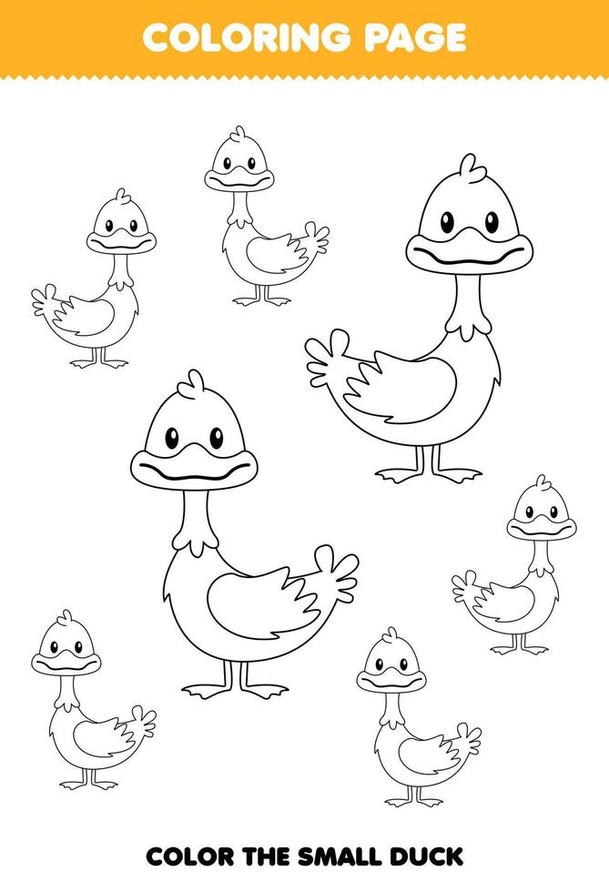 juego educativo para niños página para colorear imagen grande o pequeña de dibujos animados lindo pato animal línea arte hoja de trabajo imprimible vector