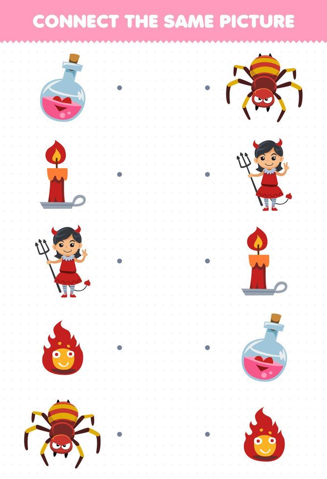 Education game for children connect the same picture of cute cartoon magic potion fire candle devil girl spider halloween printable worksheet vector