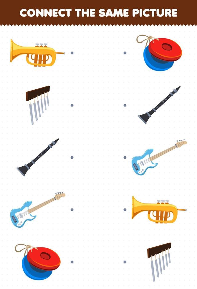 juego educativo para niños conectar la misma imagen de dibujos animados instrumento musical trompeta campanas clarinete bajo castañuela hoja de trabajo imprimible vector