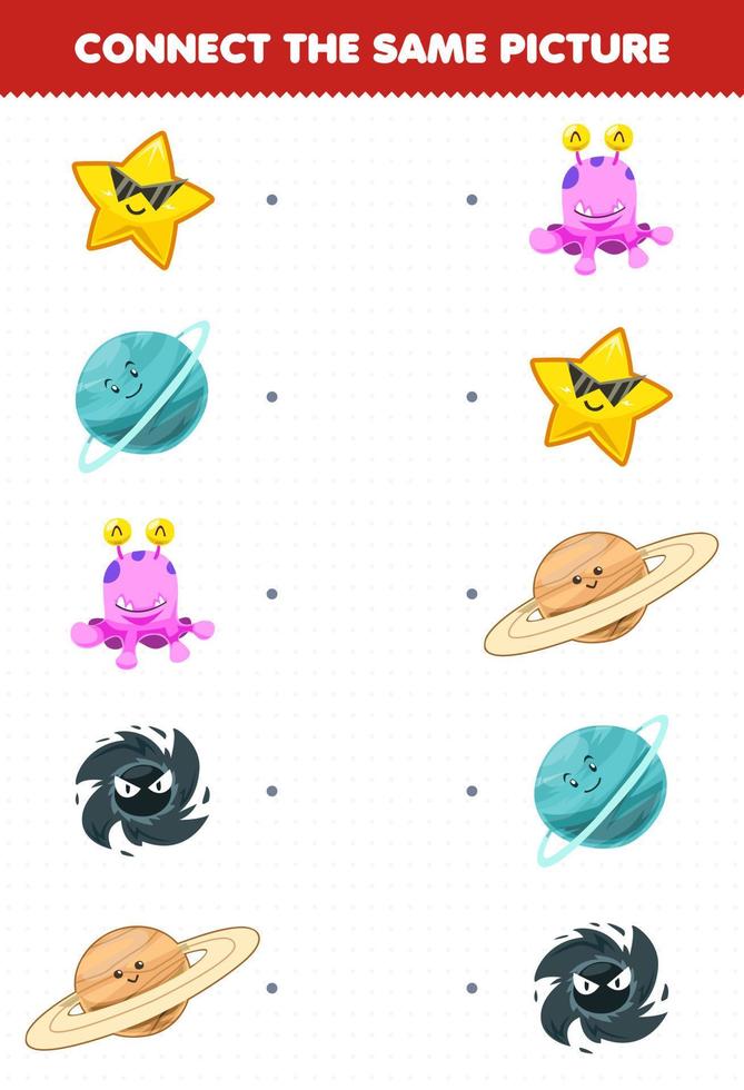 Education game for children connect the same picture of cute cartoon solar system star alien black hole saturn uranus planet printable worksheet vector